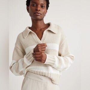 Quince 100% Organic Cropped Cotton Polo Sweater Beige Ivory Stripe Size Large